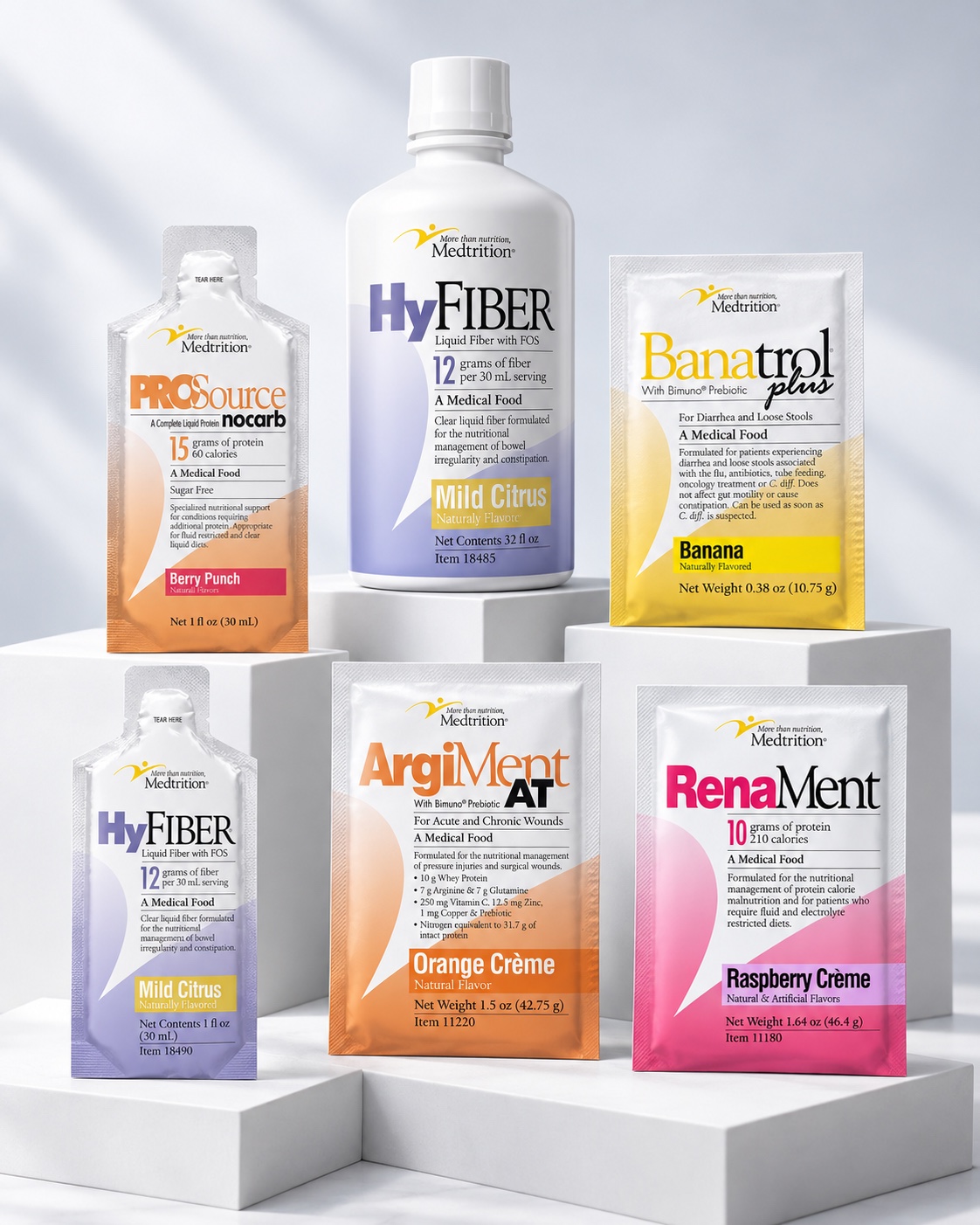 Five sachets — ProSource, HyFiber, ArgiMent, Banatrol, and RenaMent — with a HyFiber bottle on white display plinths